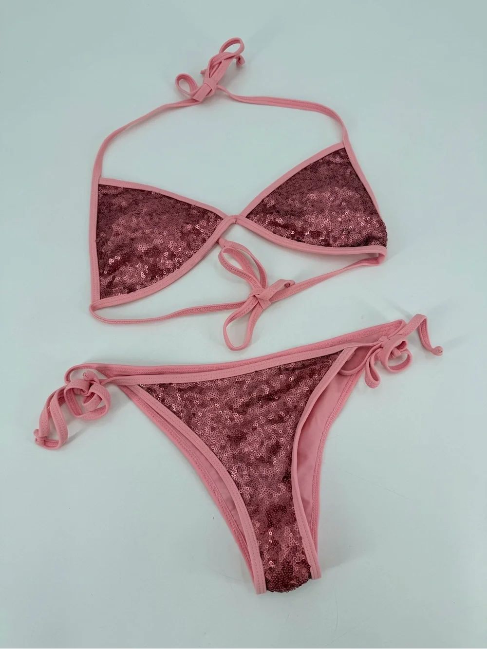 Superdown Revolve Pink Sequin Bikini Swimsuit SMALL TOP XS BOTTOM